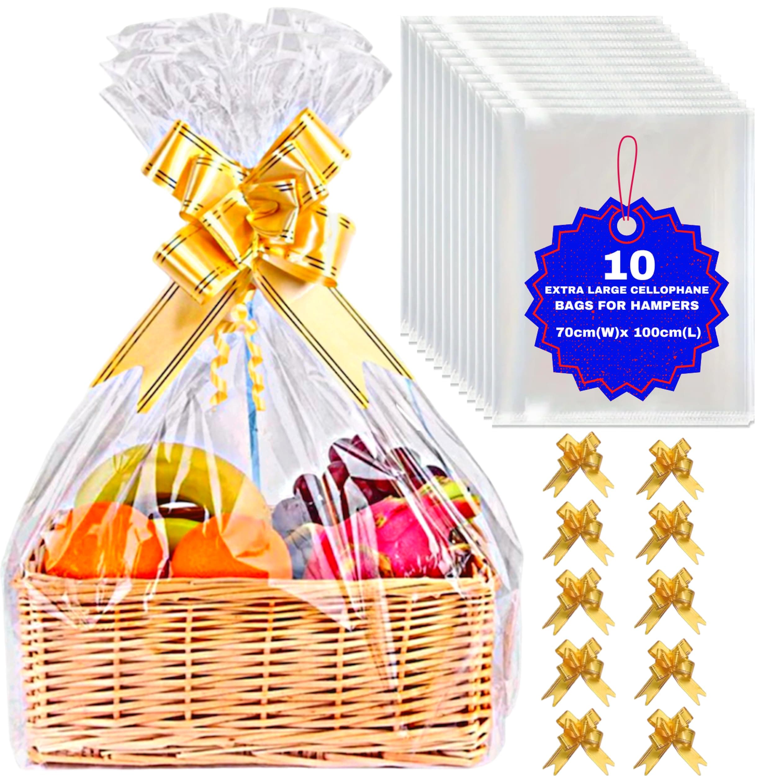 Maara Extra Large Cellophane Wrap Bags For Hampers, Pack Of 10 (70Cmx100Cm/30"X40") Clear Hamper Basket Gift Present Packaging, Wrapping With Pull Bows