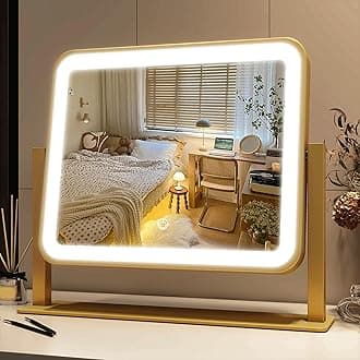 FENNIO Vanity Mirror with Lights 14x12 Inch - Makeup Mirror with Lights Tabletop, 3-Color Dimmable Lighted Mirror, Touch Control Desktop Mirror for Women (Gold)