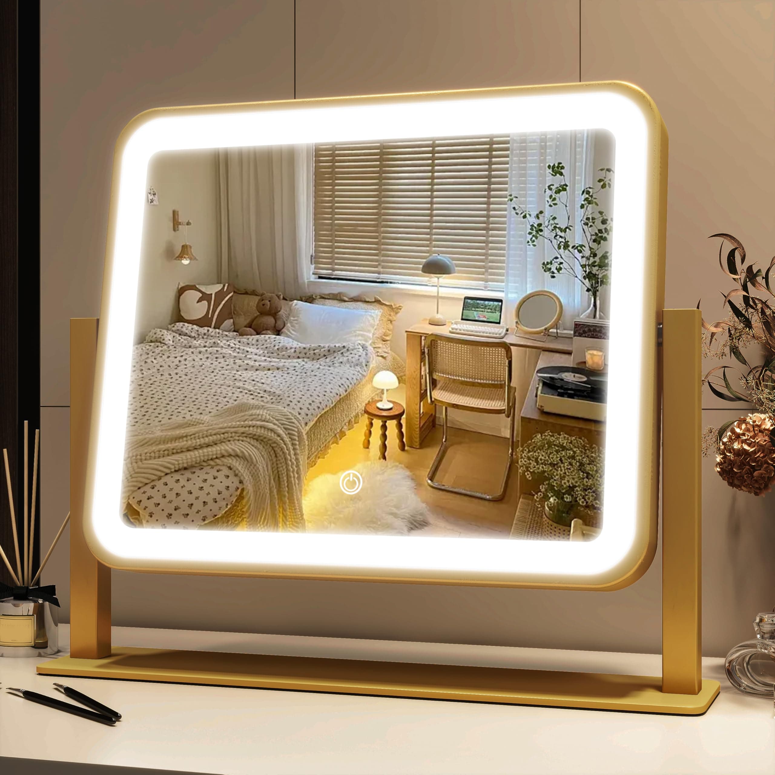 FENNIO Vanity Mirror with Lights 14x12 Inch - Makeup Mirror with Lights Tabletop, 3-Color Dimmable Lighted Mirror, Touch Control Desktop Mirror for Women (Gold)