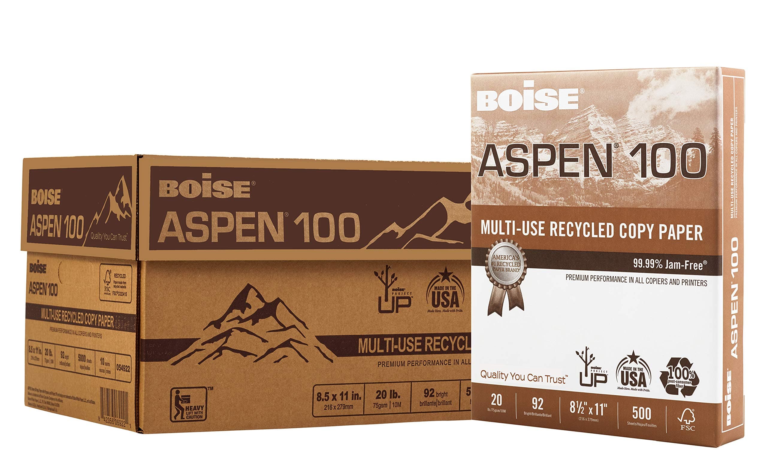 Boise Aspen 100% Recycled Multi-Use Copy Paper, 8.5" x 11" Letter, 92 Bright White, 20 lb., 10 Ream Carton (5,000 Sheets)