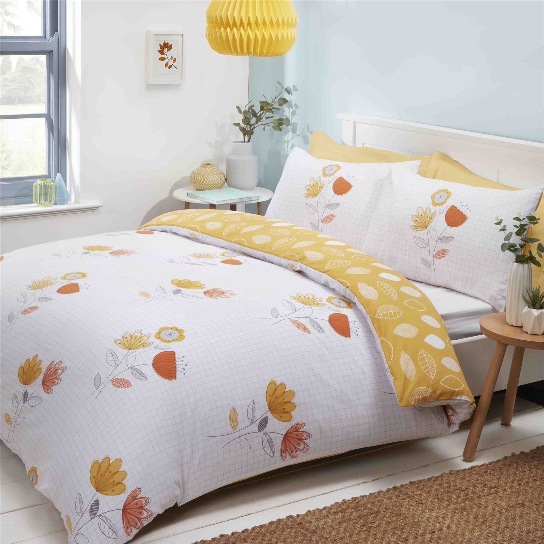 Homespace Direct Floral Double Duvet Cover Bedding Bed Set Reversible Terracotta Gridded Leaf