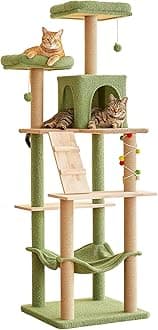 MWPO Green Modern Cat Tree, 70.1-Inch Large Wood Cat Tower for Indoor Cats, Multi-Level Tall Cat Condo with 2 Padded Perches, Hammock, Scratching Posts, Dangling Toys for Large Adult Cat