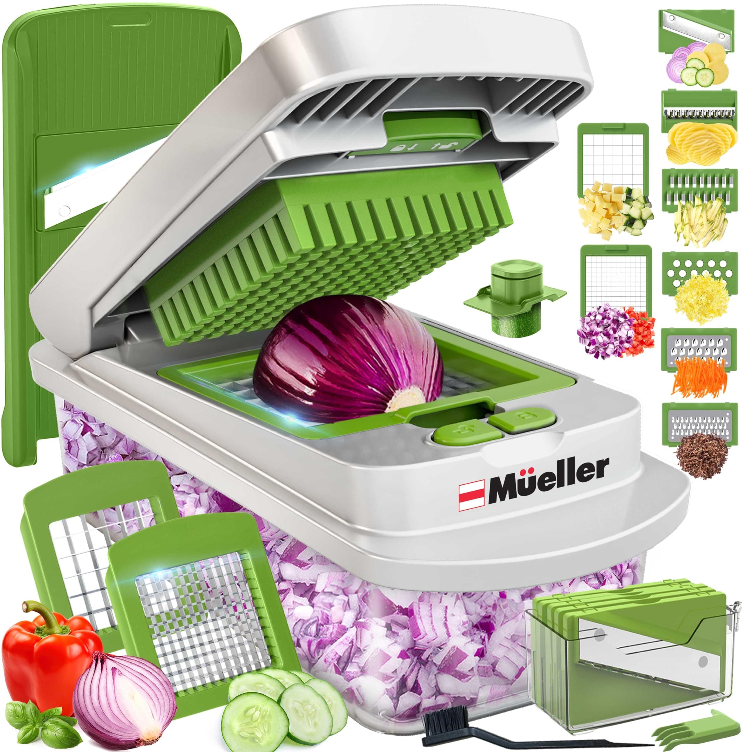 Pro-Series 10-in-1, 8 Blade Vegetable Chopper, Onion Mincer, Cutter, Dicer, Egg Slicer with Container, French Fry Cutter Potatoe Slicer, Home Essentials, Salad Chopper White Sand/Green