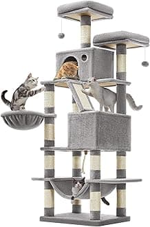 Feandrea Cat Tree, 168 cm Large Cat Tower Condo with 13 Scratching Posts, 1 Scratching Ramp, 2 Perches, 2 Caves, Basket, Hammock, Pompoms, Light Grey PCT165W01V1