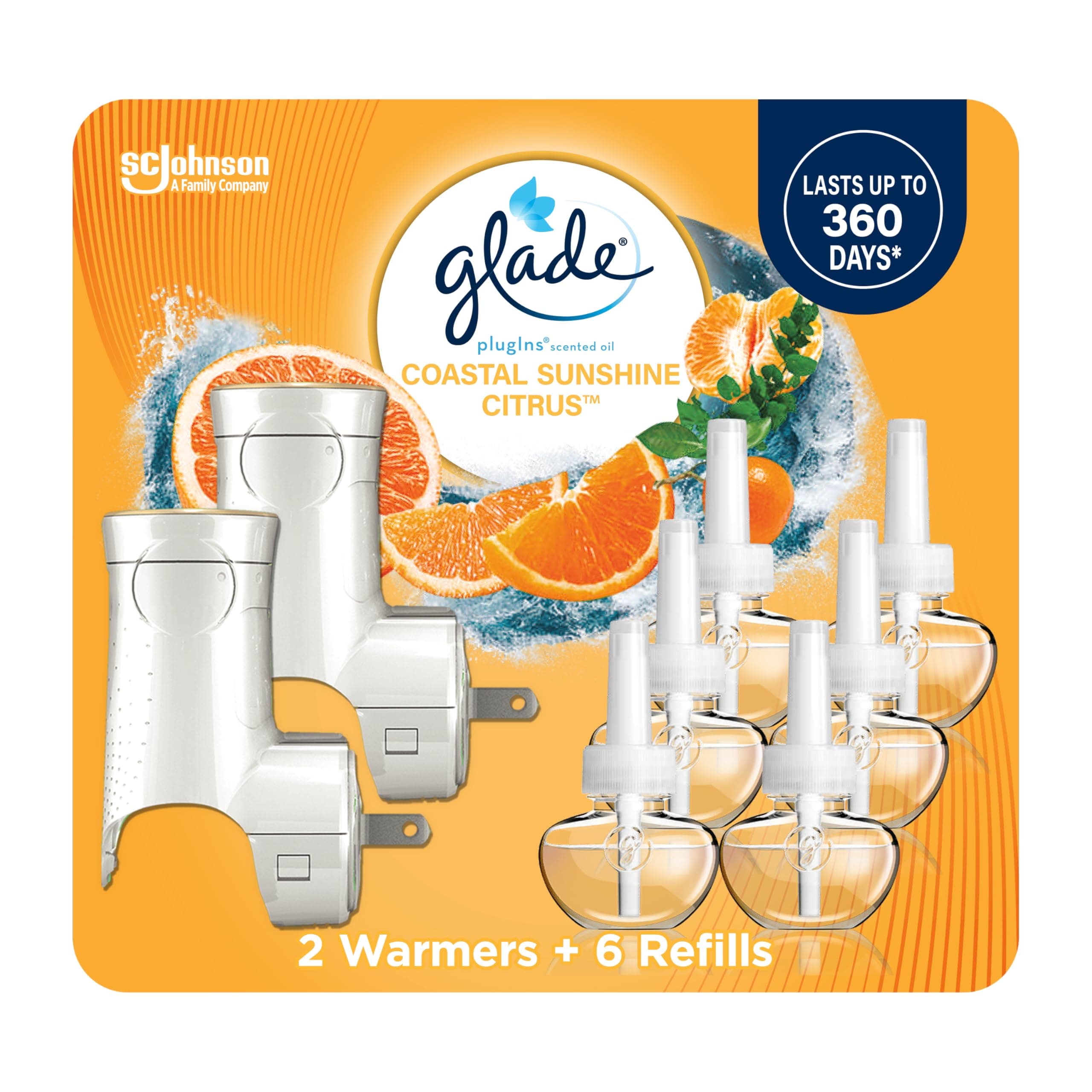 PlugIns Refills Air Freshener Starter Kit, Scented and Essential Oils for Home and Bathroom, Coastal Sunshine Citrus, 4.02 Fl Oz, 2 Warmers + 6 Refills