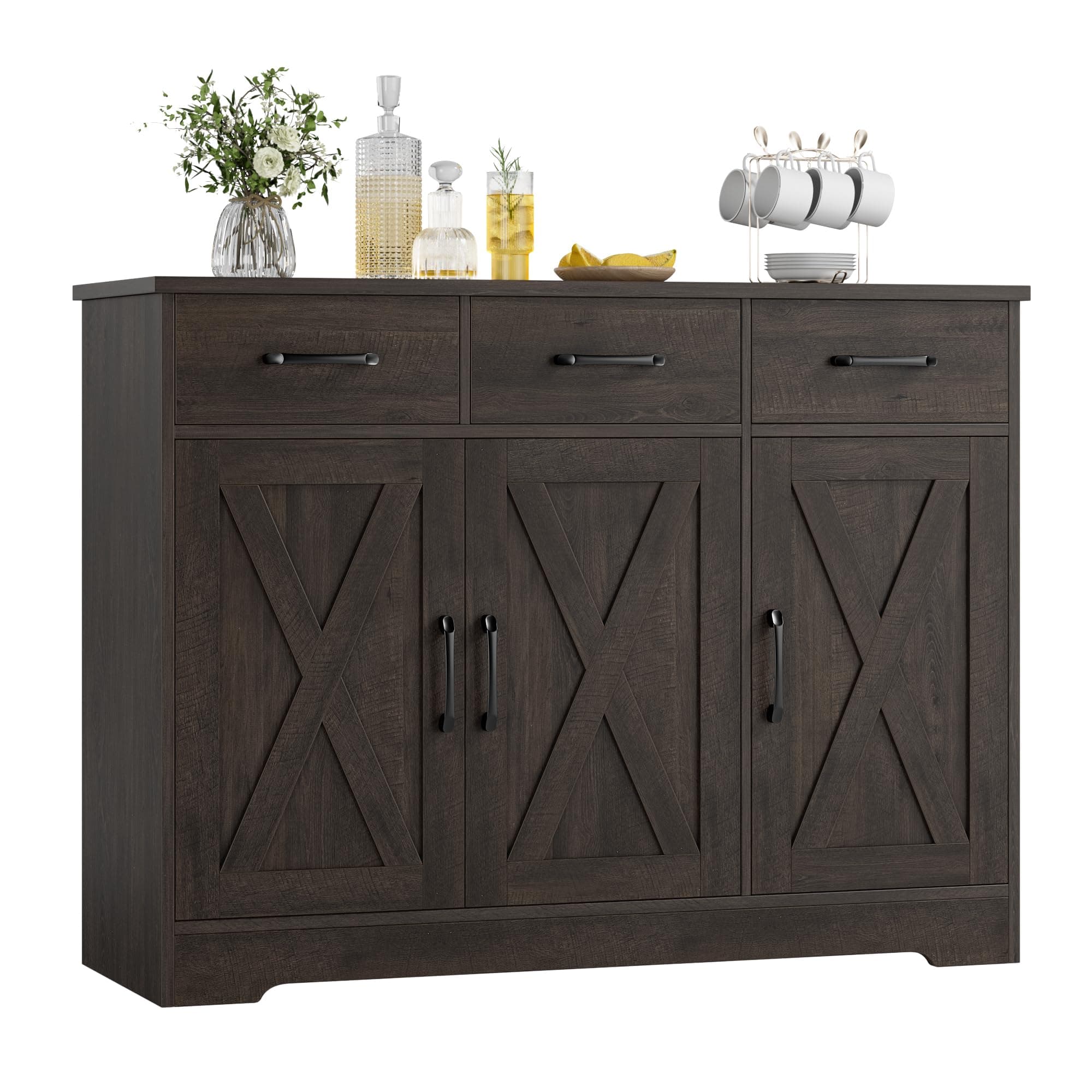 HOSTACK Modern Farmhouse Buffet Sideboard Cabinet, Barn Doors Storage Cabinet with Drawers and Shelves, Wood Coffee Bar with Storage for Dining Room, Kitchen, Living Room, Dark Brown