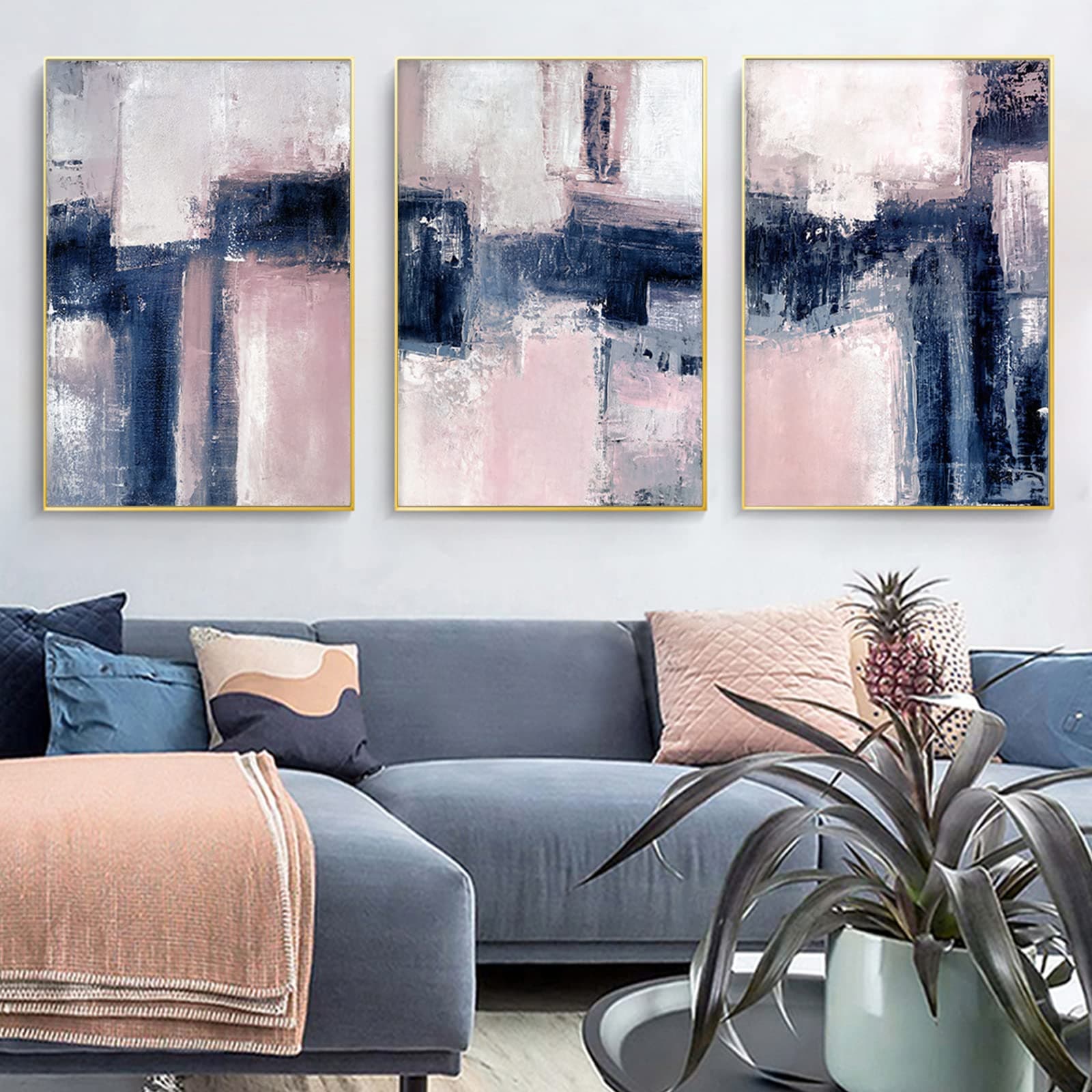 Blush Pink and Navy Blue Abstract Wall Art Canvas Prints Modern Blue Pink Abstract Texture Wall Art Picture Paintings for Living Room Bedroom Office Neutral Texture Artwork 16x24inx3pcs No Frame