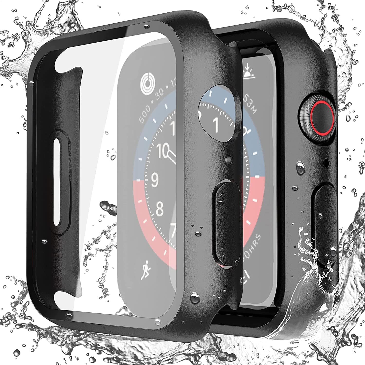 [2 Pack] Waterproof Black Hard Case with Tempered Glass Compatible with Apple Watch SE 2 (2024) SE Series 6 Series 5 Series 4 44mm, Ultra-Thin Protective Cover for iWatch Screen Protector