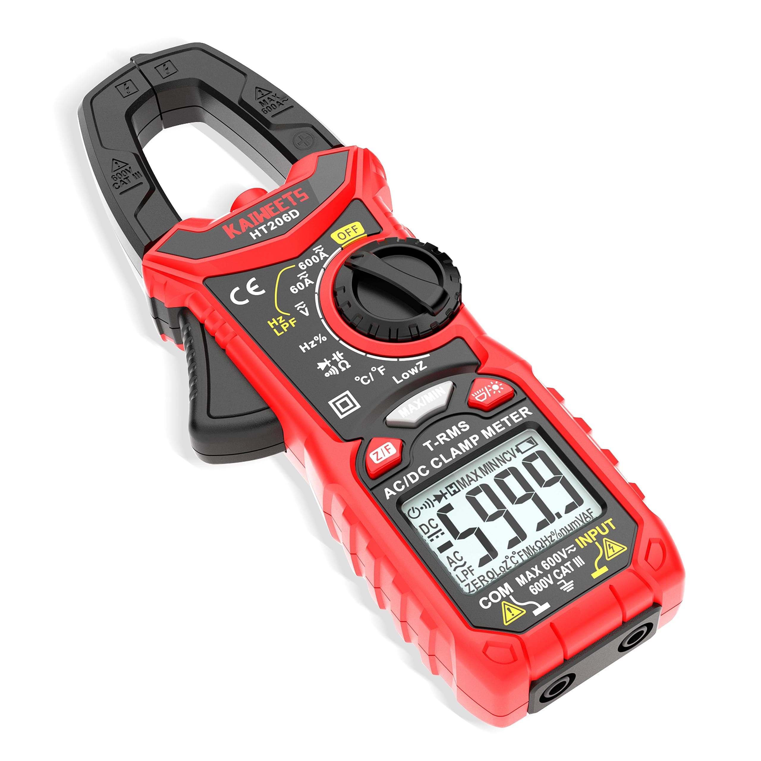 Digital Clamp Meter T-RMS 6000 Counts, Voltage Tester Auto-ranging, Measures AC/DC Current Voltage Temperature Capacitance Resistance Diodes Continuity Duty-Cycle (not include battery)