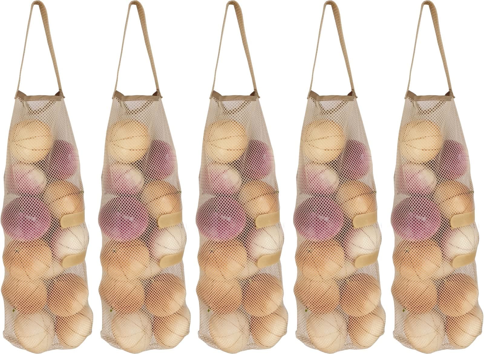 Hanging Mesh Storage 5Pack Potato & Onion Bags - Large Reusable Net Produce Bags (Beige)