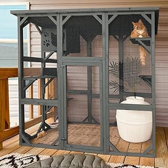 Cat Enclosure Large Outdoor Catio Wooden Cat House with Weatherproof, Cat Cage Condo Indoor Playpen with Platform and Small House (Grey)