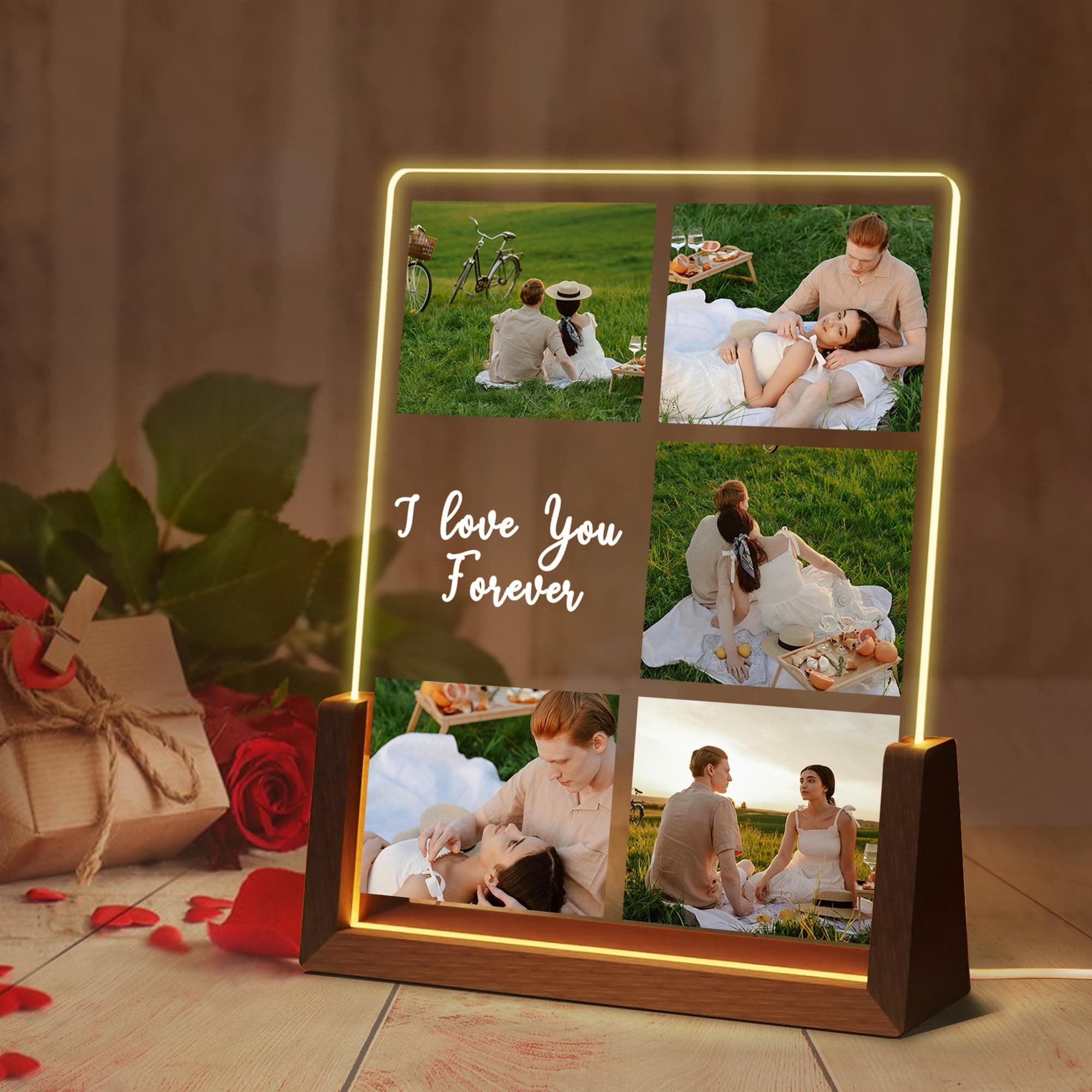 Ship Next Day Personalized Mother's Day Gifts for Mom, Customized Acrylic Plaque with Picture text, Custom LED Walnut Picture Frame for Wife, Unique Birthday Couples Gifts for Mom Dad Wife Husband