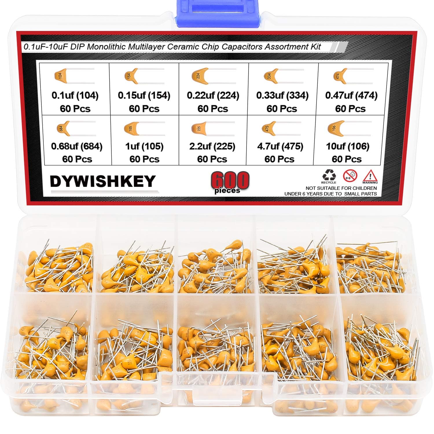 DYWISHKEY 10Value 600PCS DIP Monolithic Multilayer Ceramic Chip Capacitors Assortment Kit, 0.1uF-10uF Ceramic Capacitor Set