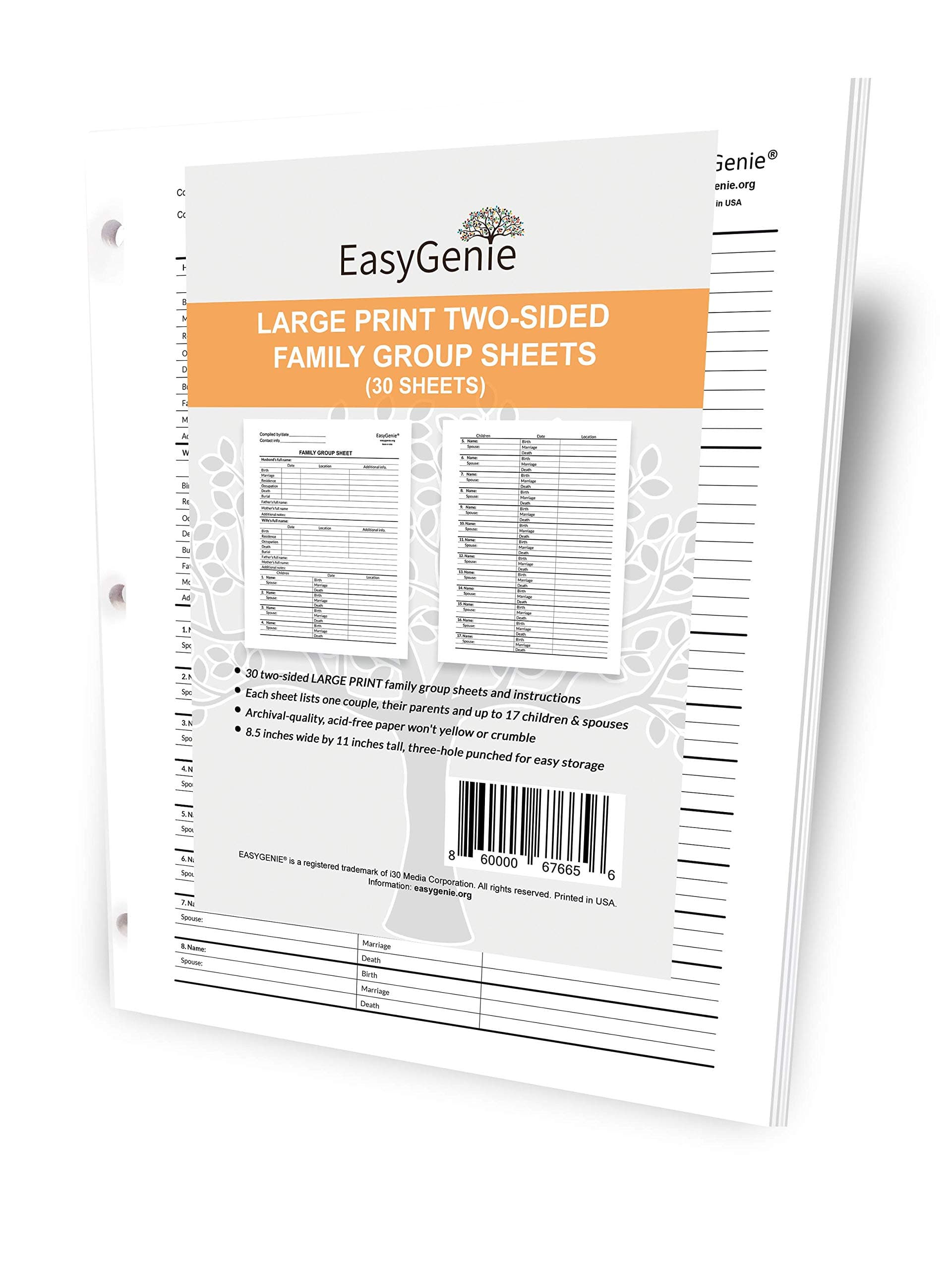 EASYGENIE Large Print Sheets for Family Group (30 Sheets) Archive Quality Genealogy Shapes for The Whole Family