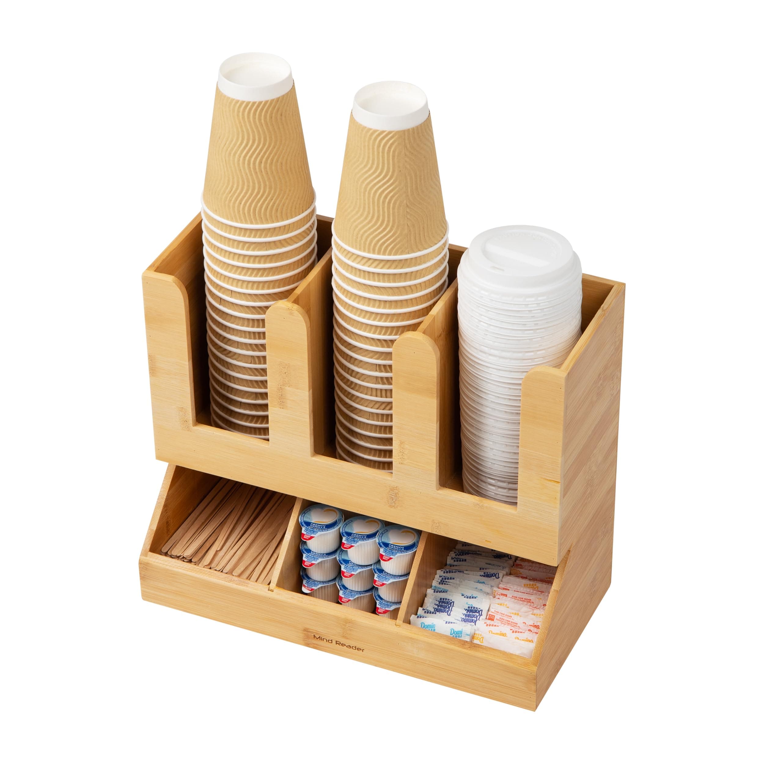 Mind Reader Cup and Condiment Station, Countertop Organizer, Coffee Bar, Kitchen, Bamboo, 13.625"L x 6.75"W x 11.5"H, Brown