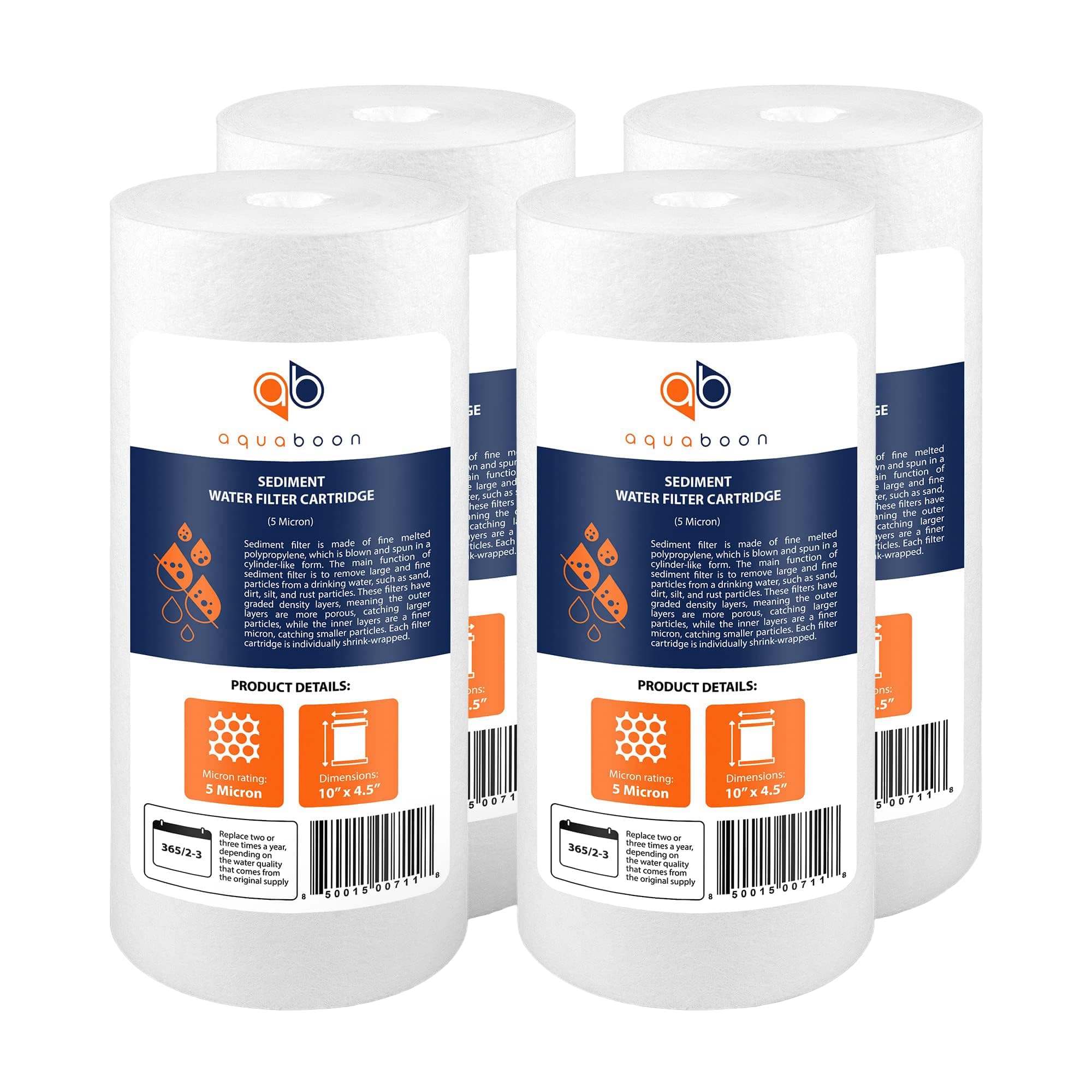 Aquaboon 5 Micron 10 x 4.5 Well Water Sediment Filter Replacement Whole House Water Filter Cartridge Compatible with DGD-5005, WFHD13001B, 4-Pack