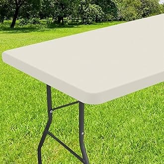 Smiry Rectangle Tablecloth, Elastic Fitted Flannel Backed Vinyl Tablecloths for 8ft Folding Tables, Waterproof Wipeable Table Covers for Indoor, Outdoor, Picnic and Camping (Beige, 36"x96")