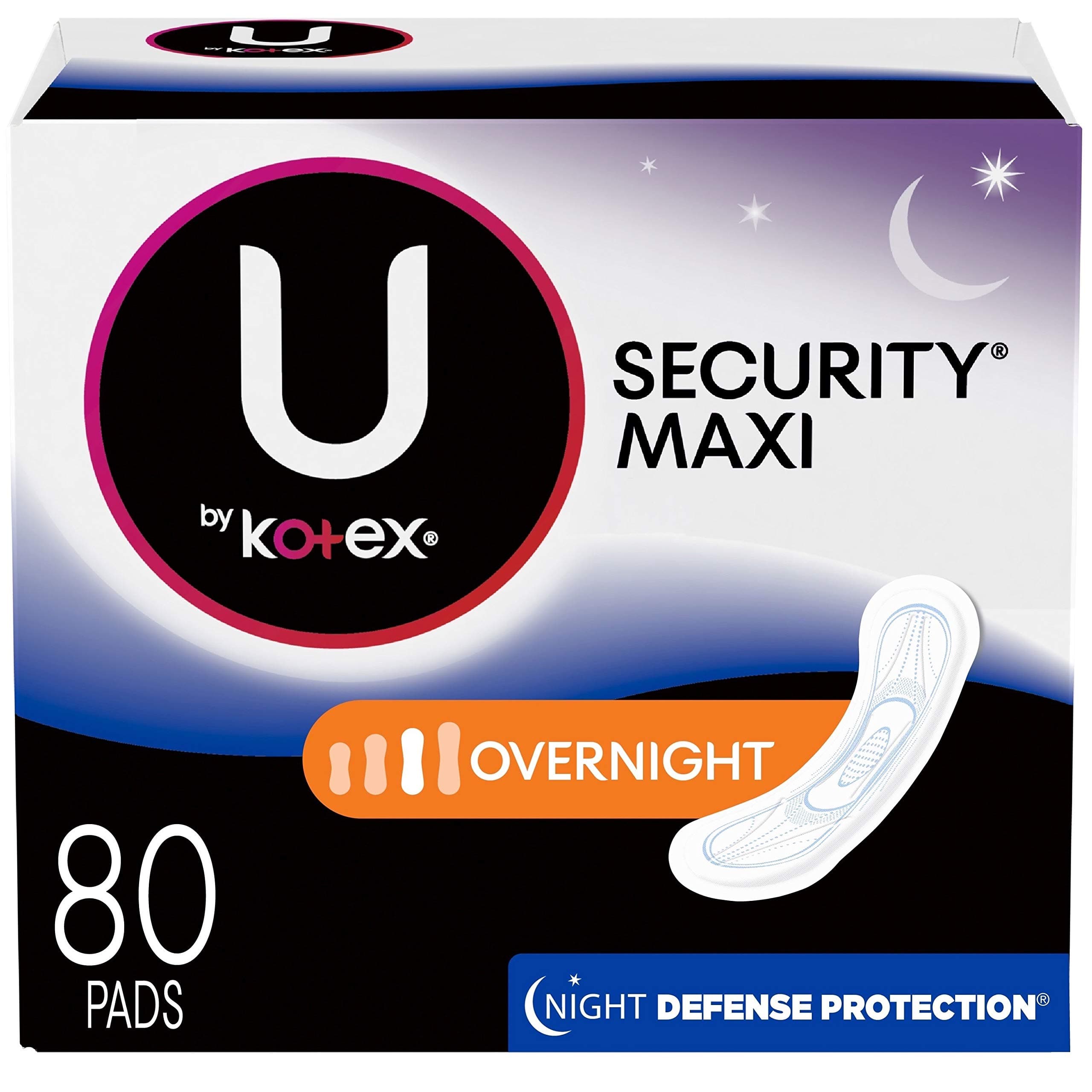 Security Feminine Maxi Pad, Overnight, Unscented, 80 Count (2 Packs of 40) (Packaging May Vary)