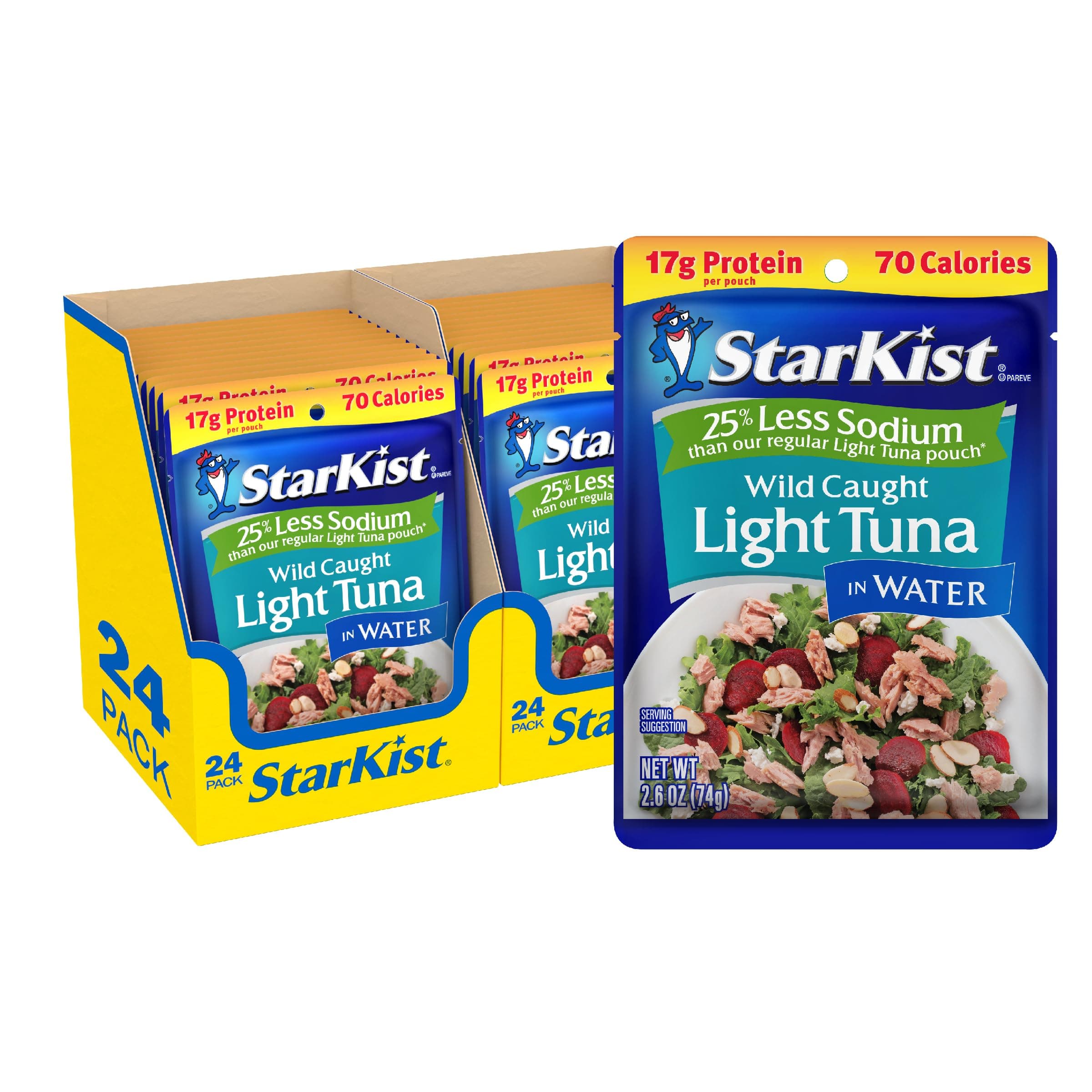 StarKist Reduced Sodium Chunk Light Tuna in Water, 2.6 oz Pouch (24 Pack) Ready to Eat Wild Caught Tuna, 17g Protein, Gluten Free, Soy Free, Kosher, Perfect for Salads, Keto Meals and Snacks