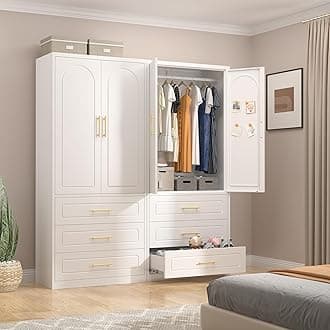 71" Tall Metal Clothes Storage Cabinet, Wardrobe with Drawer and Hanging Rod, Armoire with Hanging Rod and Adjustable Shelves, Storage Cabinet for Bedroom, Laundry Room, White