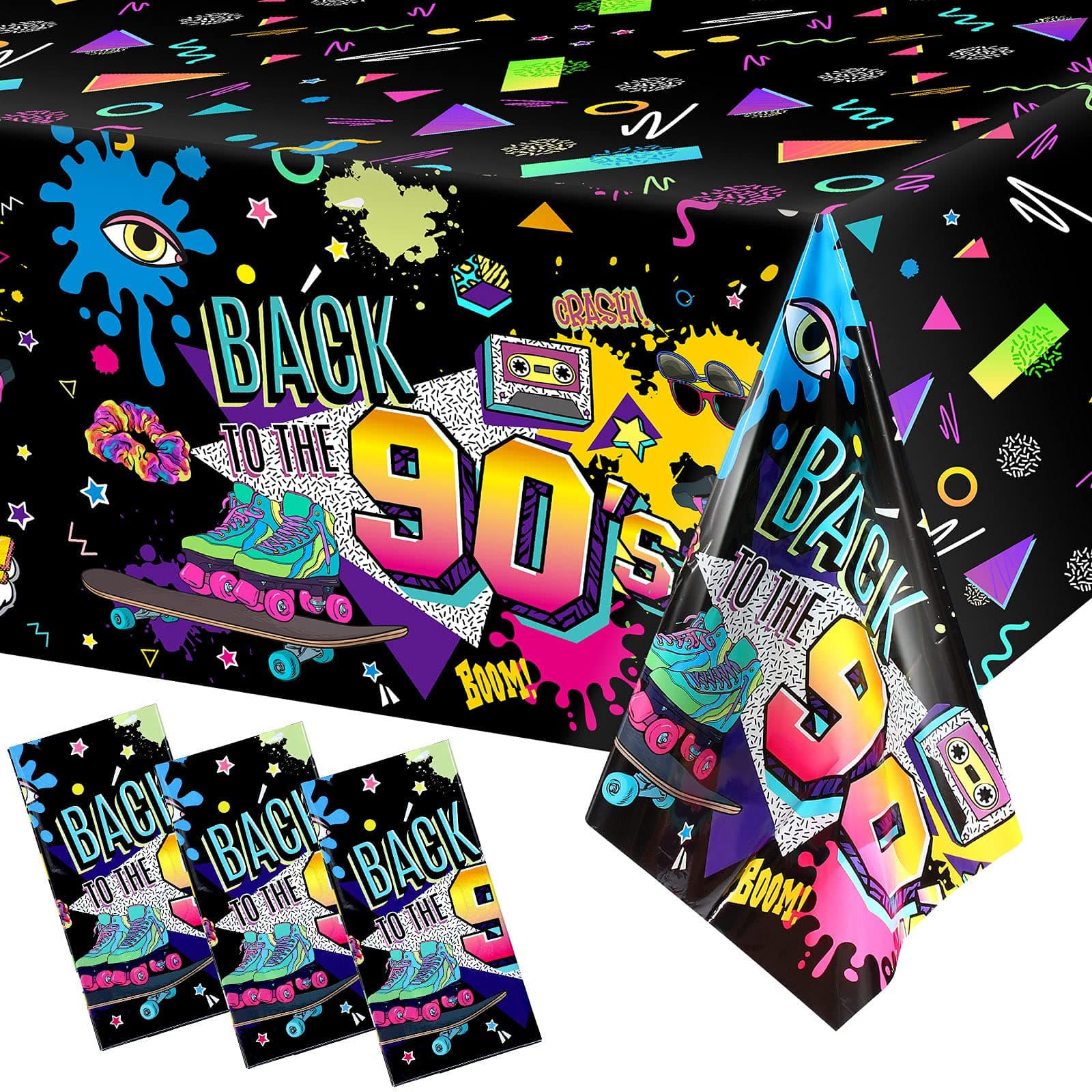 3 Pieces 90s Plastic Party Table Cover 90's Party Tablecloth 90s Birthday Party Decoration The 90's Hip Hop Party Supplies Throwback Birthday Party Decor for Dining Room and Kitchen, 54 x 108 Inch