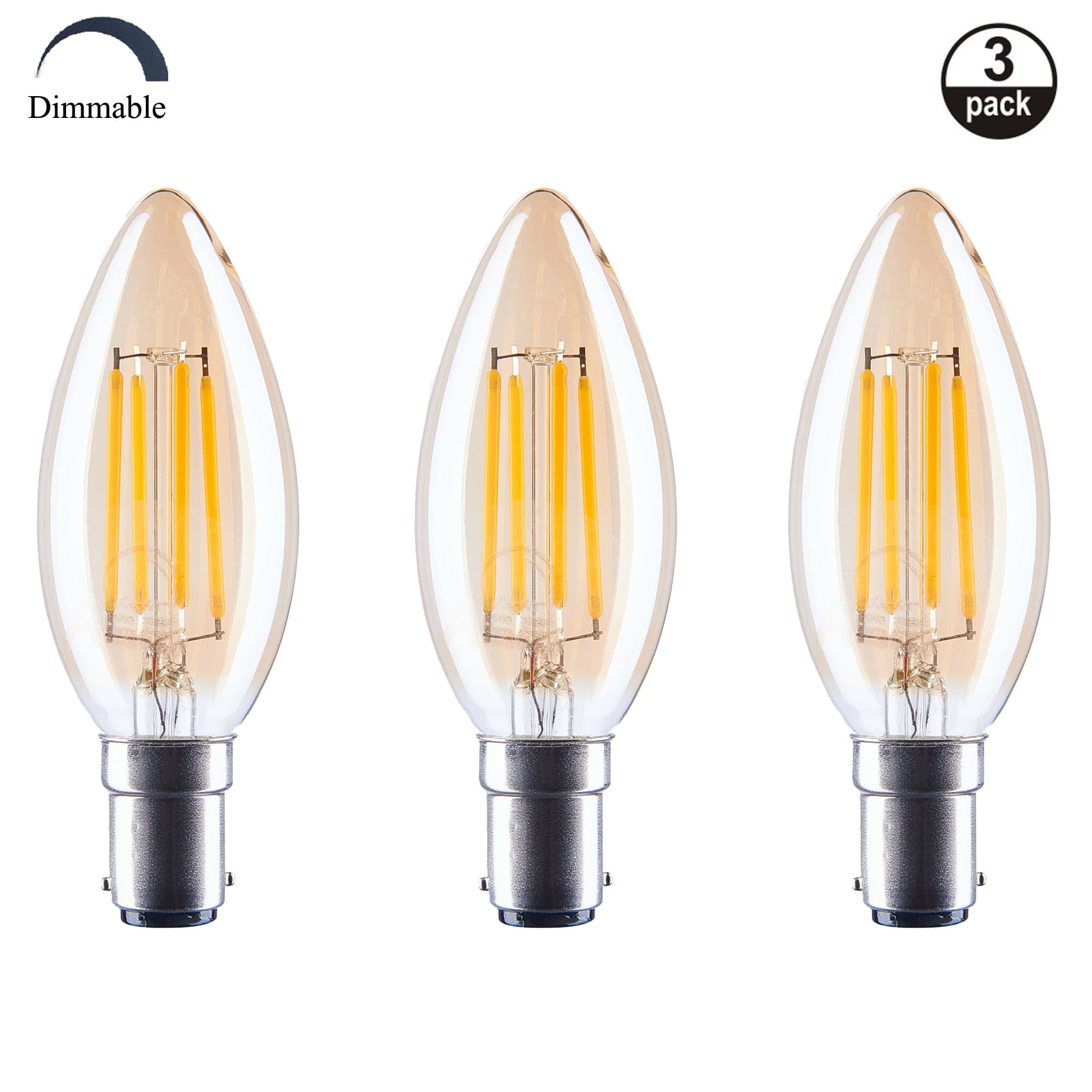 ASELIGHT C35 6W Dimmable Led Candle Light Bulb,Amber Glass2700K 600 Lumens B15 Screw C35, Replace 60W Incandescent Candle Bulbs,Warm White C35B-B15-Amber,3 Pack [Energy Class A++]