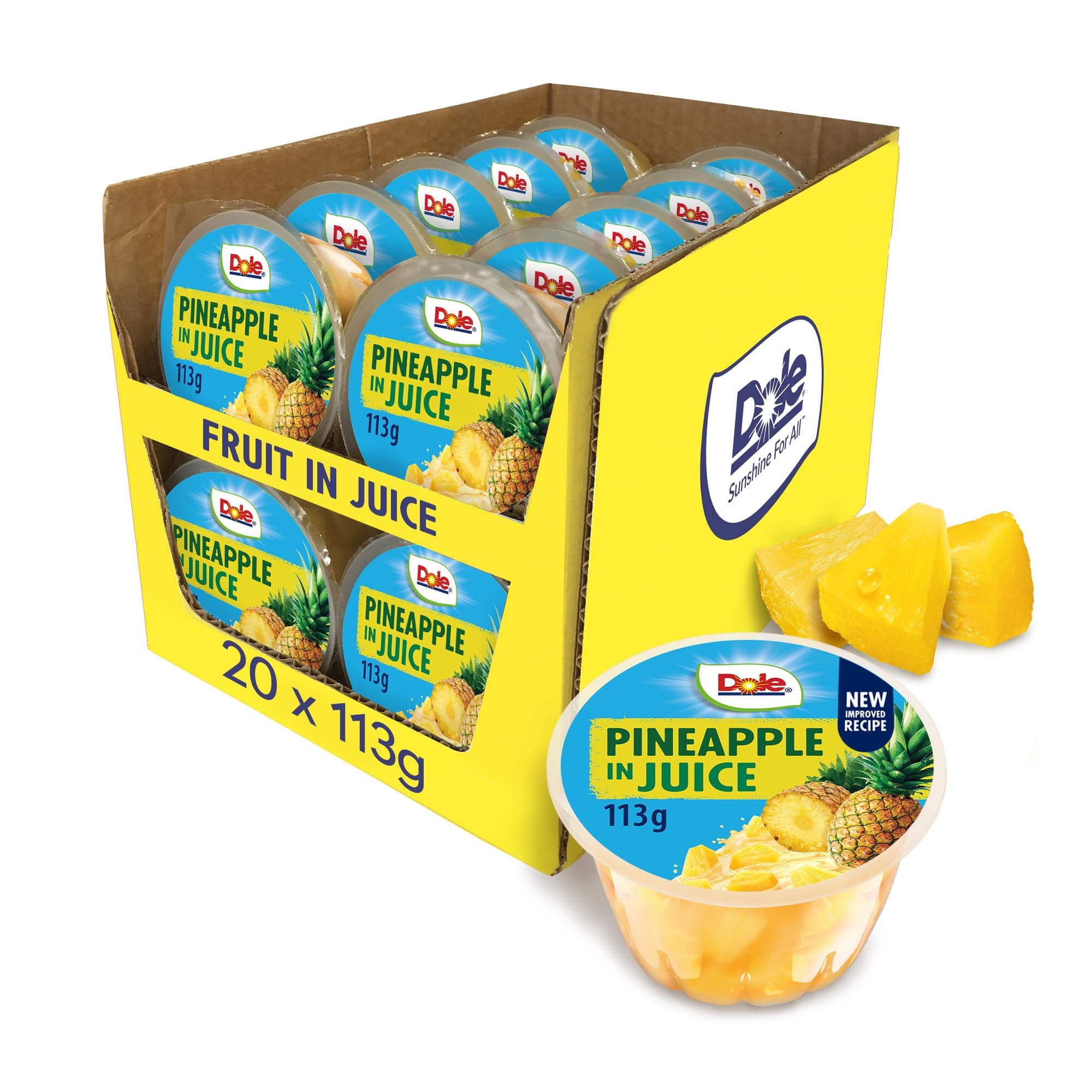 Dole Pineapple in Juice Fruit Pots 20 x 113g, Fresh Fruit Chunks, Healthy Snack, No Added Sugar Fruit Bowls, Perfect for Breakfast & Dessert or Adding to Recipes, Made with Real Pineapple