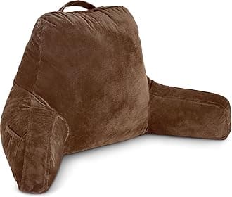 Chocolate, Original Reading Pillow in Bed Rest Chair, Shredded Memory Foam Large Lounge Cushion Adult Backrest with Arms, Comfy Back Support for Sit Sitting Up, Wash/Removable Cover