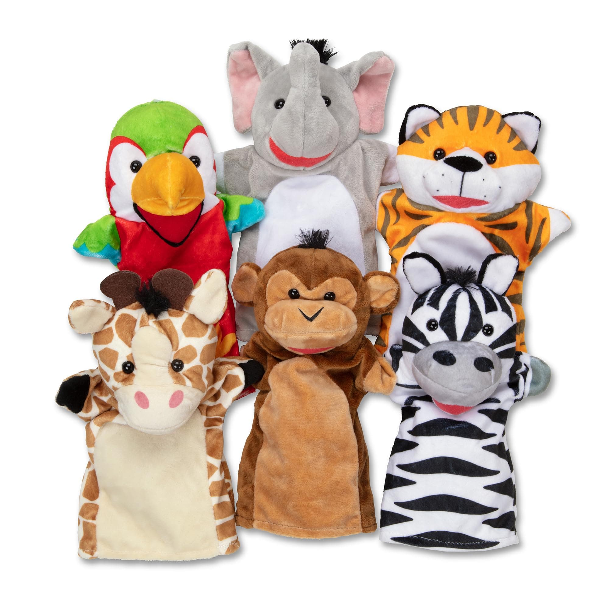 Safari Puppet Set – 6-Piece Soft Plush Animal H& Puppets Featuring Lion, Elephant, Parrot, Giraffe, Monkey & Zebra – Pretend Play Toy for Kids Ages 2+ | MD9118