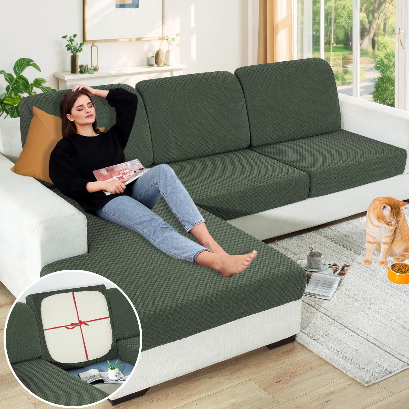【Clearance】 Sectional Couch Covers for L Shaped Chaise Lounge 1 Piece Separate Cushion Couch Universal Replacement Large Checkered Furniture Protector with Elastic Bottom (Chaise Cover, Army Green)