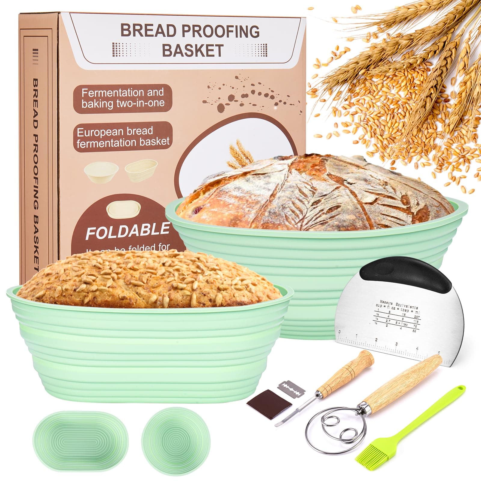 Silicone Banneton Bread Proofing Baskets, 9 Inch Round & 10 Inch Oval Foldable Sourdough Baking Basket, Complete Set for Bread Making With Essential Tools, Easy to Clean and Storage (Green)