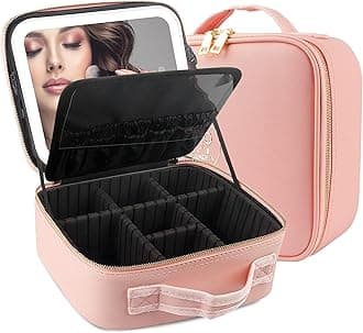 Travel Makeup Bag Cosmetic Bag Makeup Organizer Bag with Lighted Mirror, Adjustable Brightness in 3 Color Scenarios, Waterproof Makeup Train Case, Gift for Women - Pink