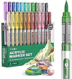 Acrylic Paint Markers Brush Tip 24 Colors, Water-Based No-Bleed Markers with Automatic Ink Control System, Waterproof Acrylic Paint Pens for Rock, Egg, Wood, Fabric, Glass, DIY Crafts