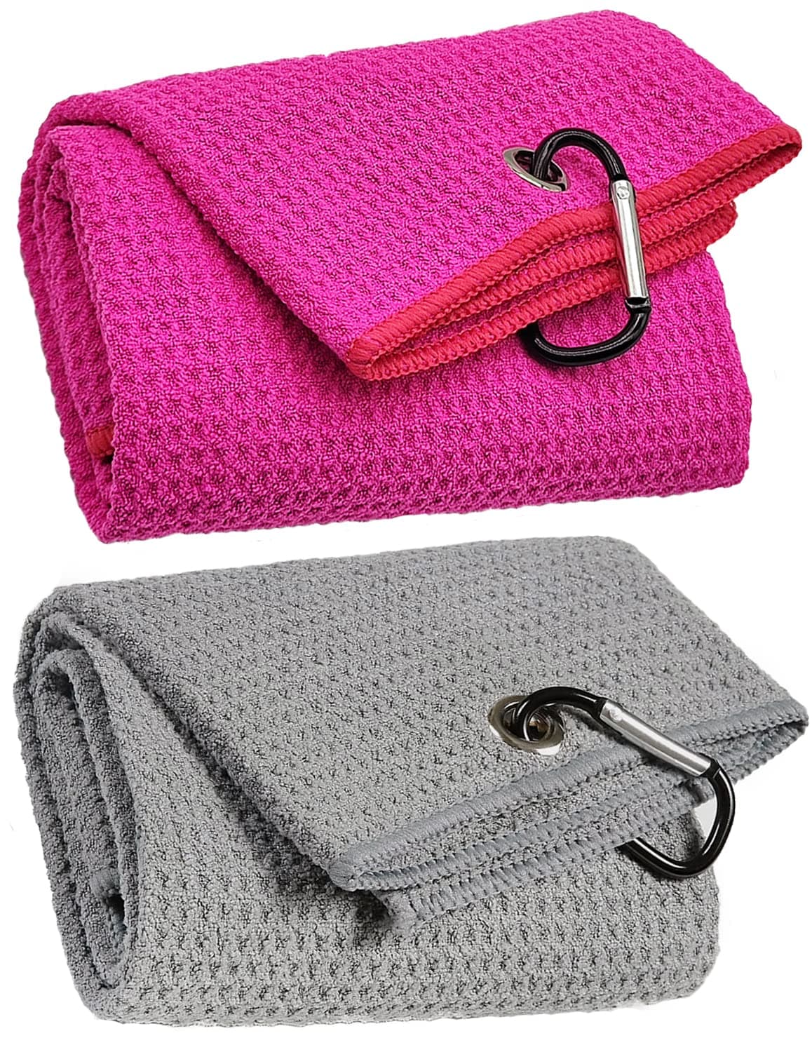 2 Pack Tri-Fold Microfiber Towels Set with Carabiner Clip - Waffle Pattern Golf Towels for Bags - Outdoor Sports Towel Gifts (2 Pcs Pink + Gray)