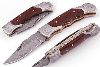 Handmade Damascus Steel Pocket Knife - Damascus Folding Knife - Pocket Knife for Men, EDC gift Knife & Damascus Blade Hunting Skinning Knife with Back Lock & Rose Wood Handle with Leather Knife Sheath