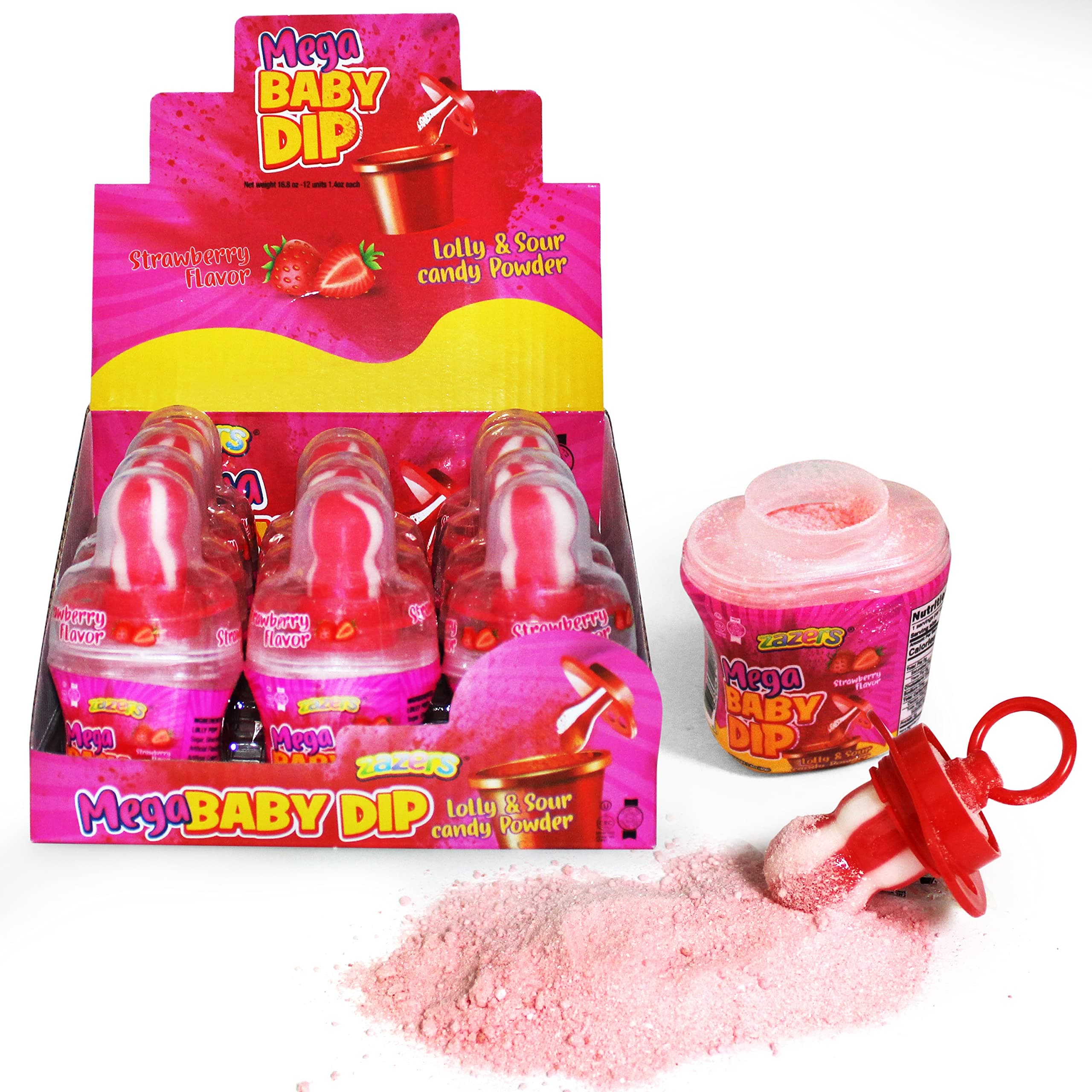 Mega Pacifier Lolly Baby Dip Candy Dippers - 12-Pack Strawberry Flavor Sour Powder Candy and Pacifier Novelty Pop (Kosher, NET WT 16.8 OZ, 476g)