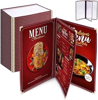 WeChef 30 Pack Restaurant Menu Covers 8.5 x 14" Book Style 3 Pages 6 Views PVC Transparent Restaurant Menu Holder Book Cafe Hotel Bar Burgundy