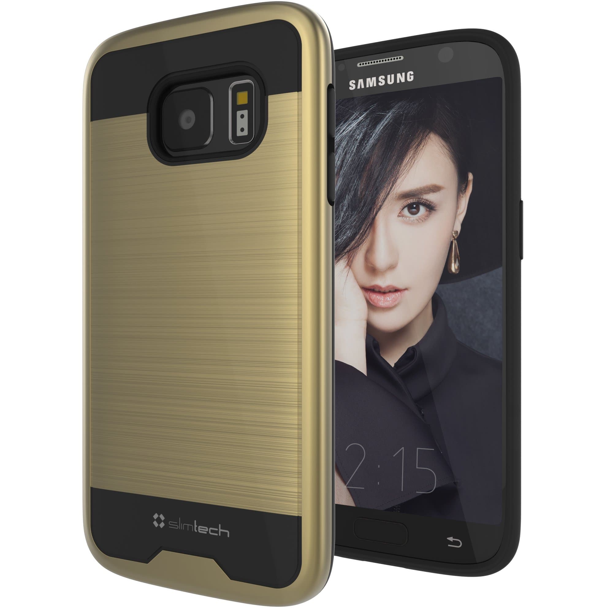 Slimtech TPU Slim Dual Layer Metallic Brush Back Plate Cushioned Case for Samsung Galaxy S7 Edge - Gold