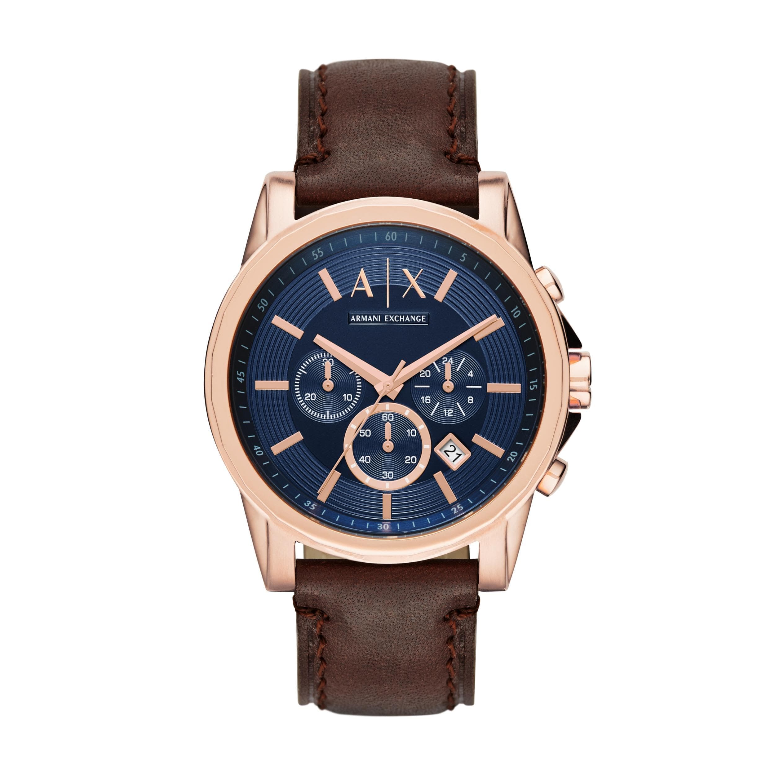 Armani Exchange Leather Outerbanks Analog Blue Dial Men Watch-Ax2508, Brown Band