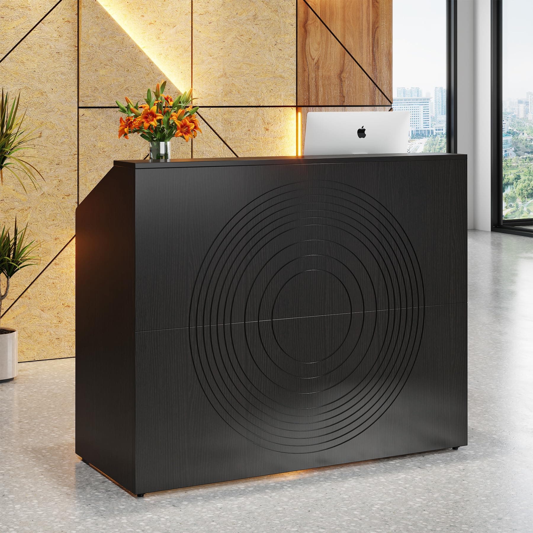 Reception Desk with Counter, Modern Front Desk Reception Room Table with Cable Grommet, 47 inch Retail Counter for Checkout, Lobby, Beauty Salon, Home Office Desk, Black