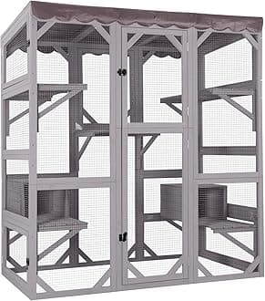 Aivituvin Catio Outdoor Cat Enclosure with 7 Platforms, 2 Resting Boxes, Large Window Cat House for 4-6 Mulitiple Cats Walk in Kitty Cage with Weatherproof Tarp Roof 70"