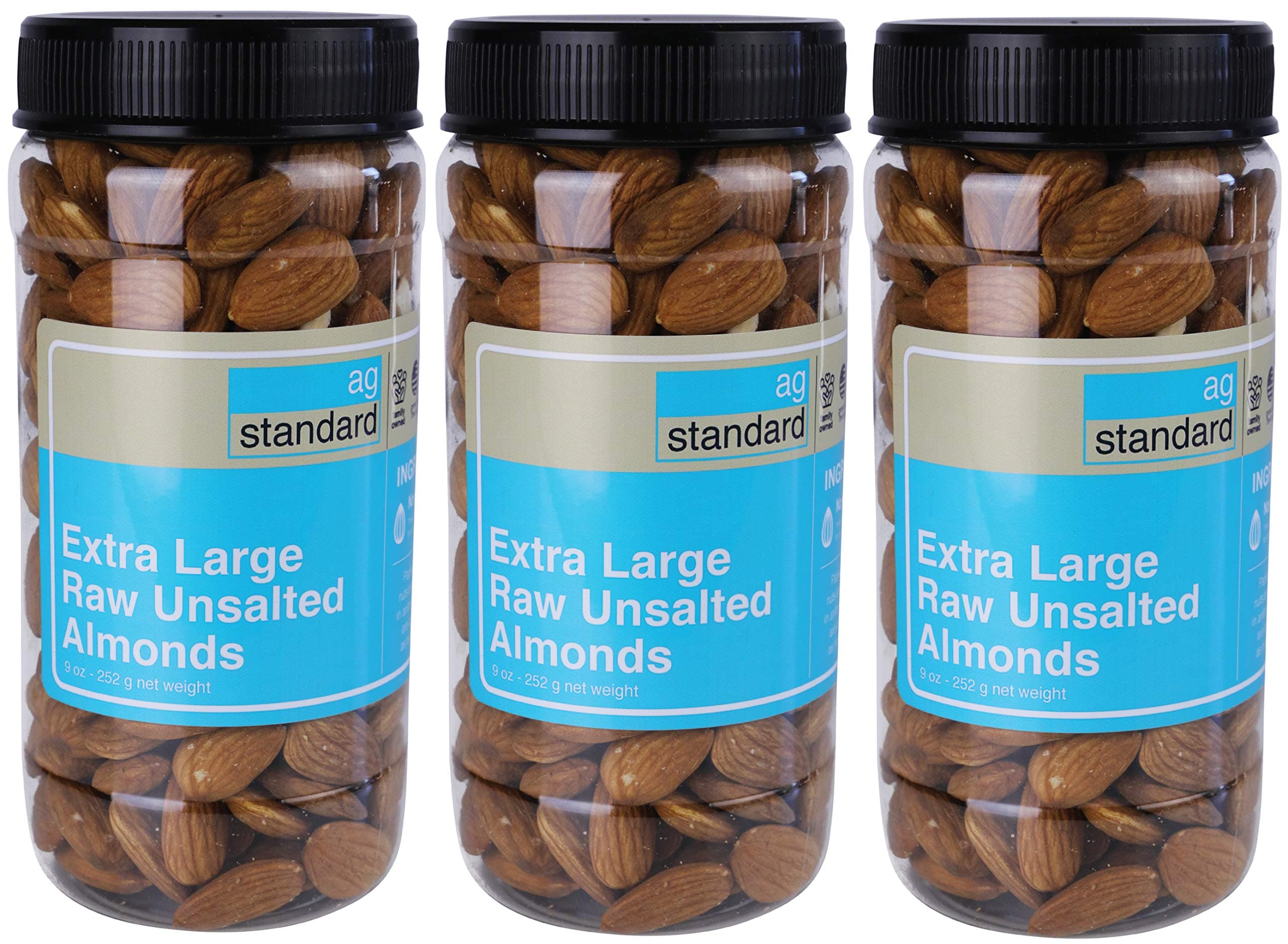 Premium Whole Raw Unsalted Almonds - 3 x 9 oz Jars - 27 oz - 1.75 lb - Perfect for almond milk, almond butter or sprouted almonds - Non-GMO - Non-PPO