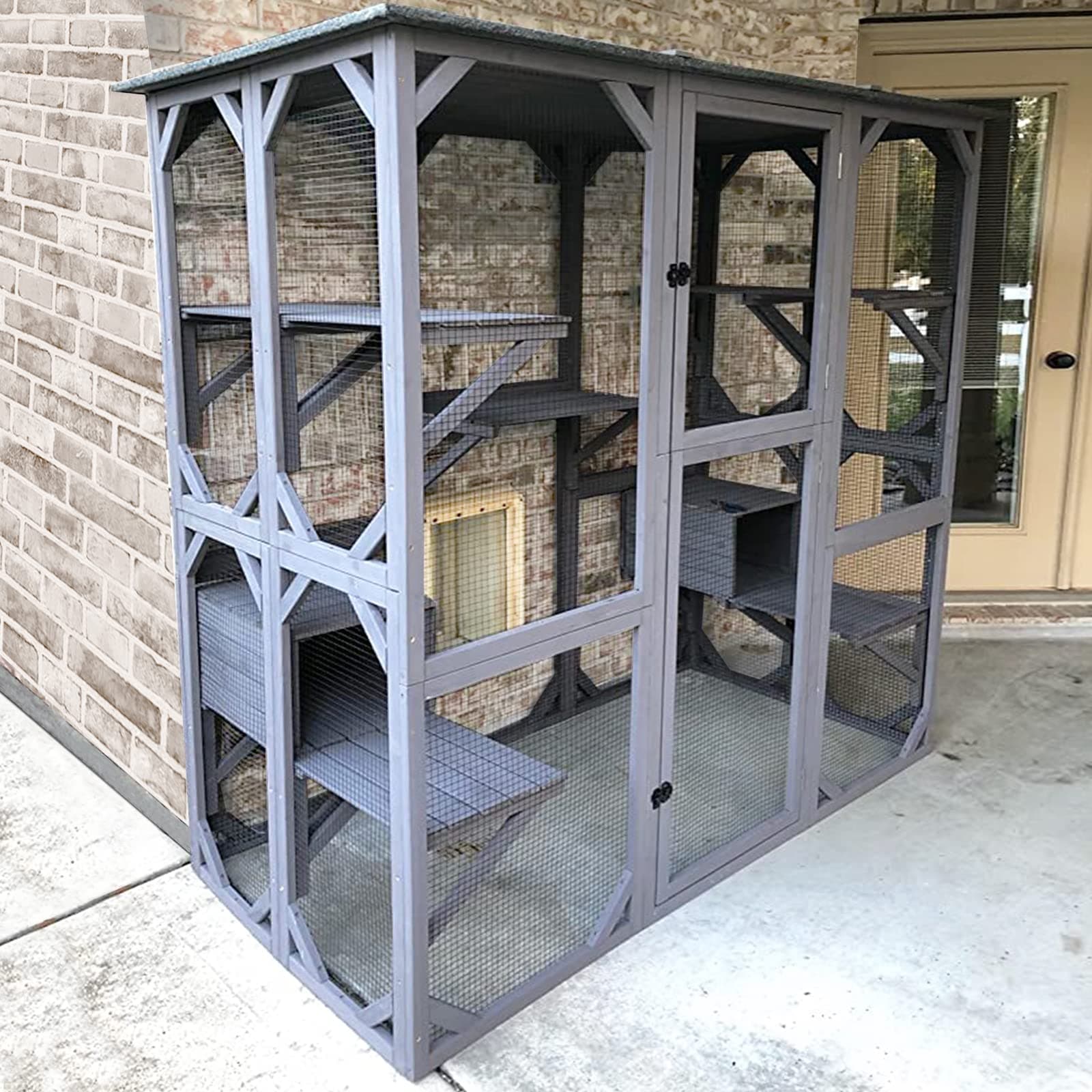 Catio Outdoor Cat Enclosure with 7 Platforms, 2 Resting Boxes, Large Window Cat House for 6-8 Mulitiple Cats Walk in Kitty Cage with Weatherproof Tarp Roof 71"