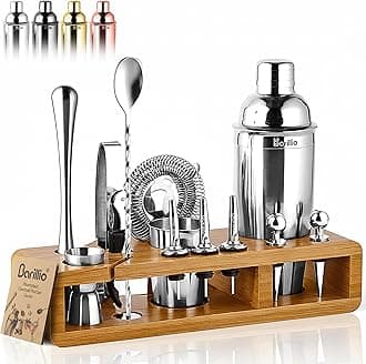 Elite Mixology Bartender Kit Cocktail Shaker Set by barillio: Drink Mixer Set with Bar Tools, Sleek Bamboo Stand, Velvet Carry Bag & Recipes Booklet