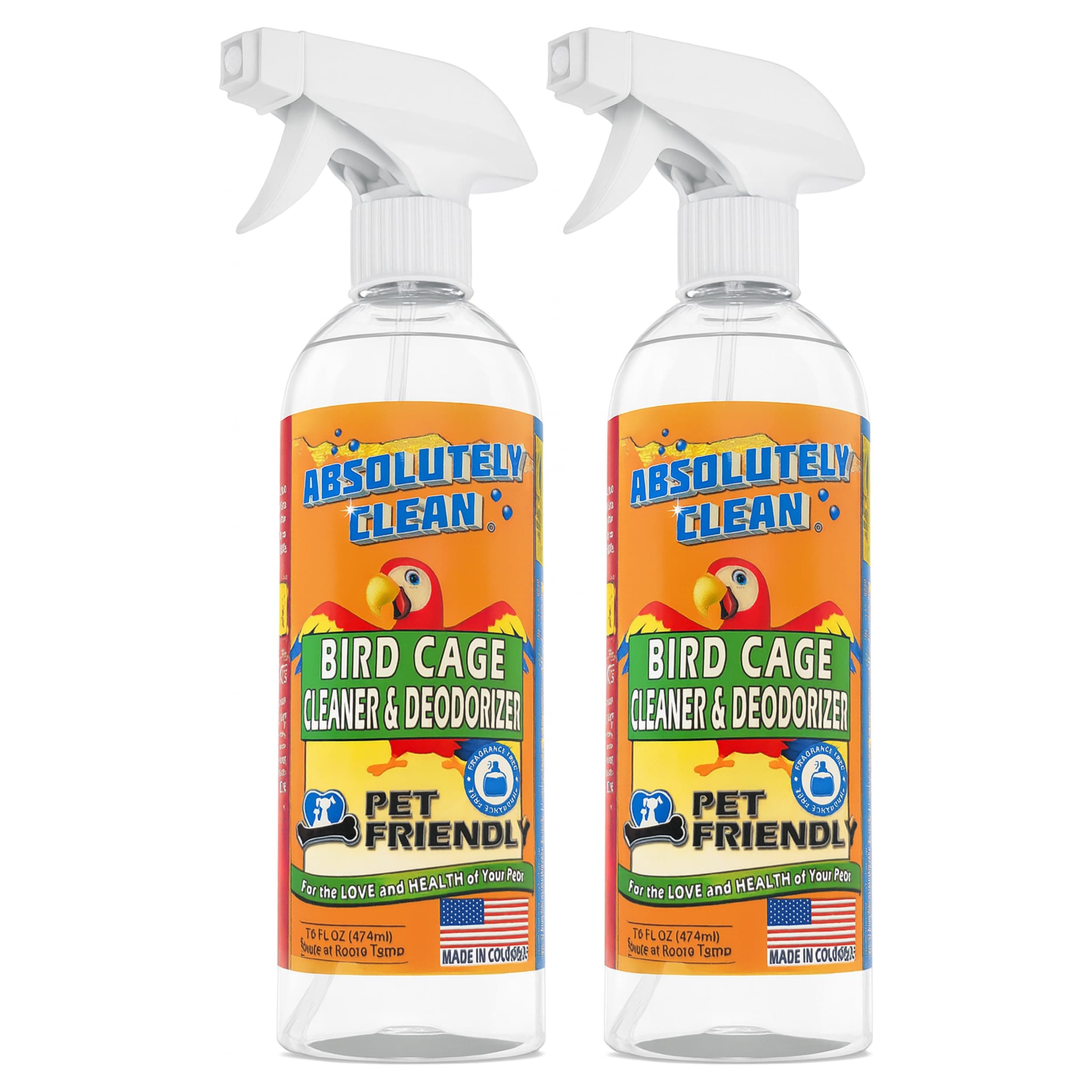 Absolutely Clean Amazing Bird Cage Cleaner and Deodorizer - Just Spray/Wipe - Safely & Easily Removes Bird Messes Quickly and Easily - Made in The US - Fragrance Free - 16oz (Pack of 2)