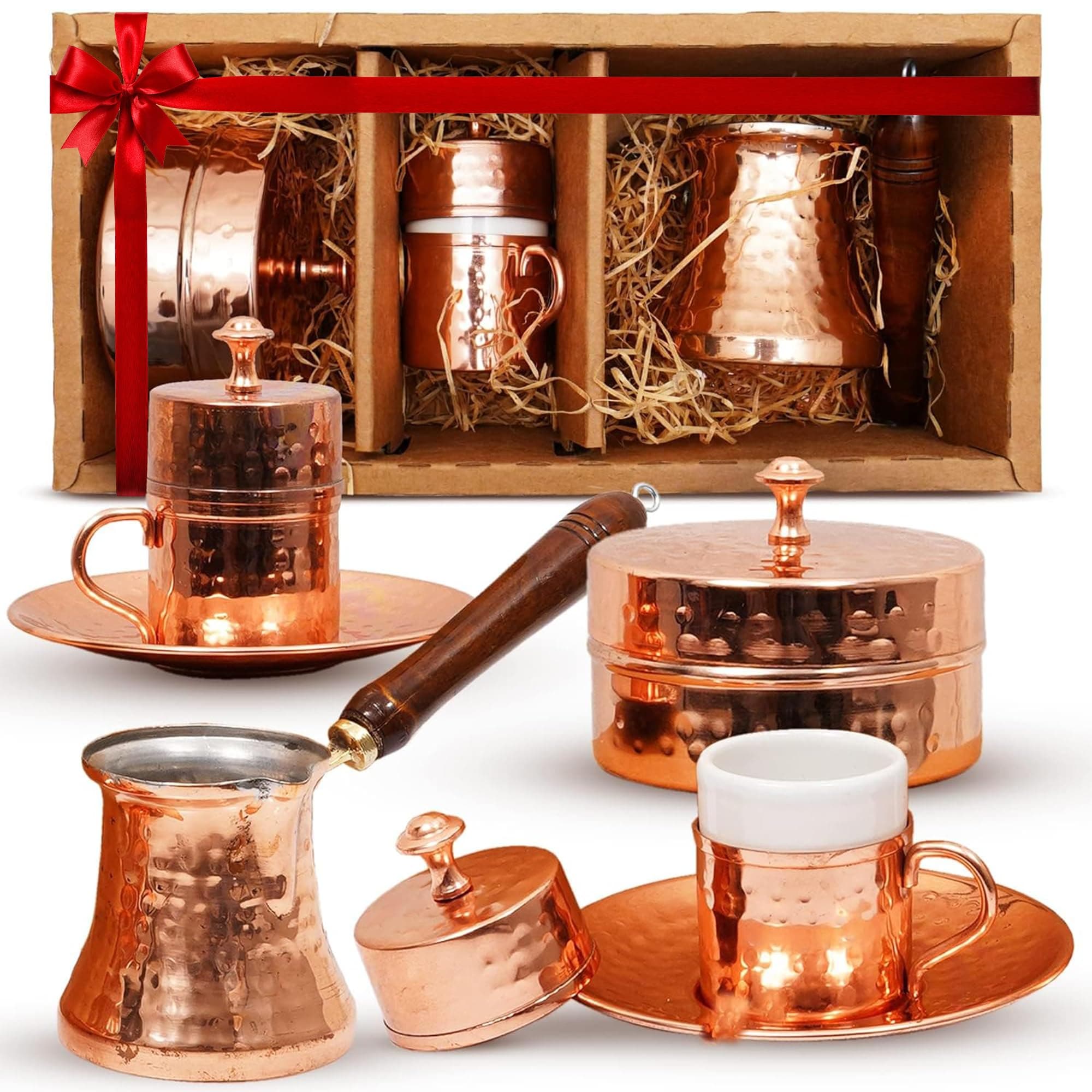 Turkish Coffee Set – Turkish Coffee Maker Set w/ 2 Cups, Sugar Dish, & Copper Pot (Cezve) – Traditional Gifts for Latte Lovers - 7oz