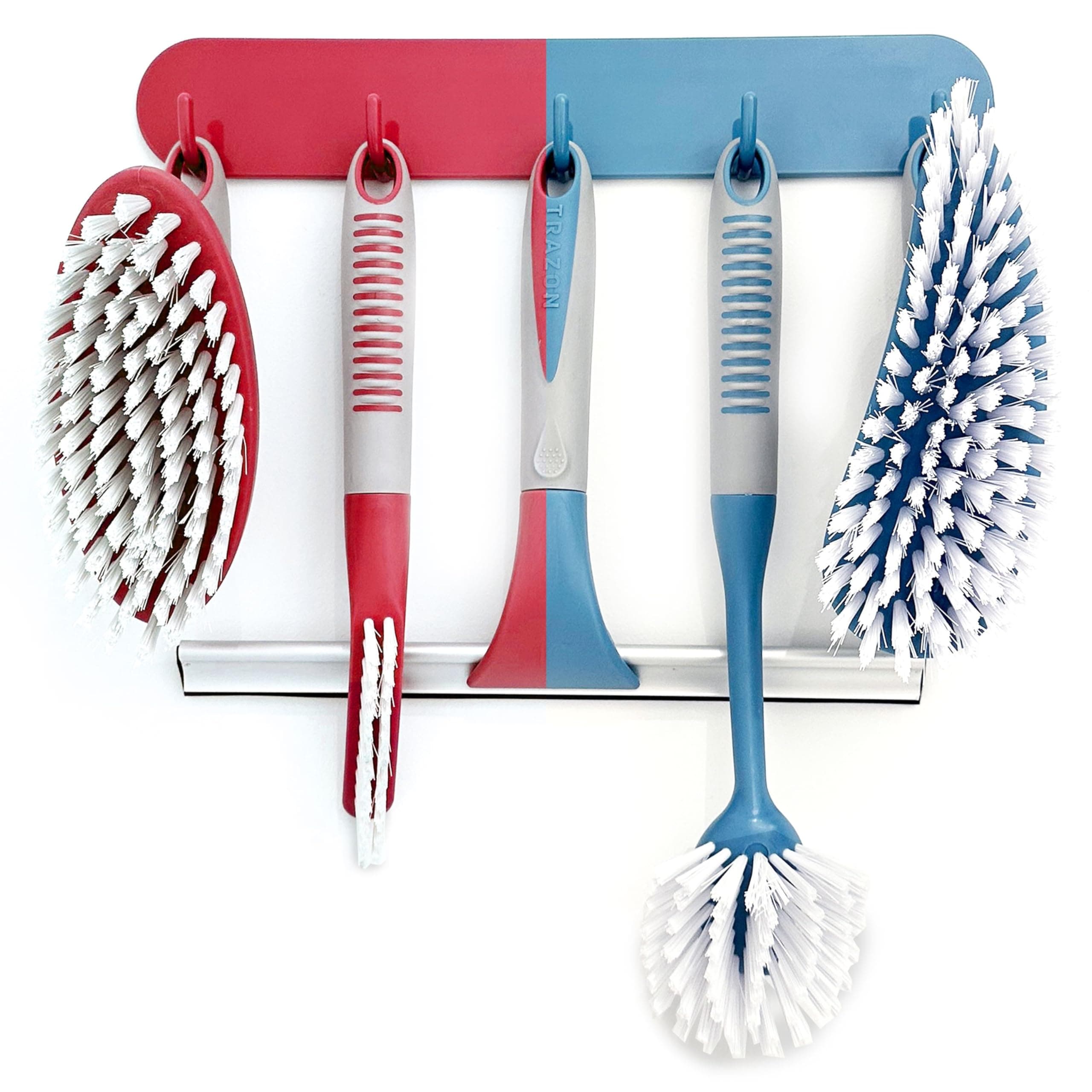 Scrub Brush Set of 6 pcs - Red or Blue Randomly Color, Cleaning Shower Scrubbers with Squeegee for Shower Glass & Adhesive Wall Hooks Including Grout Cleaner Brush for Cleaning Bathroom, Tile