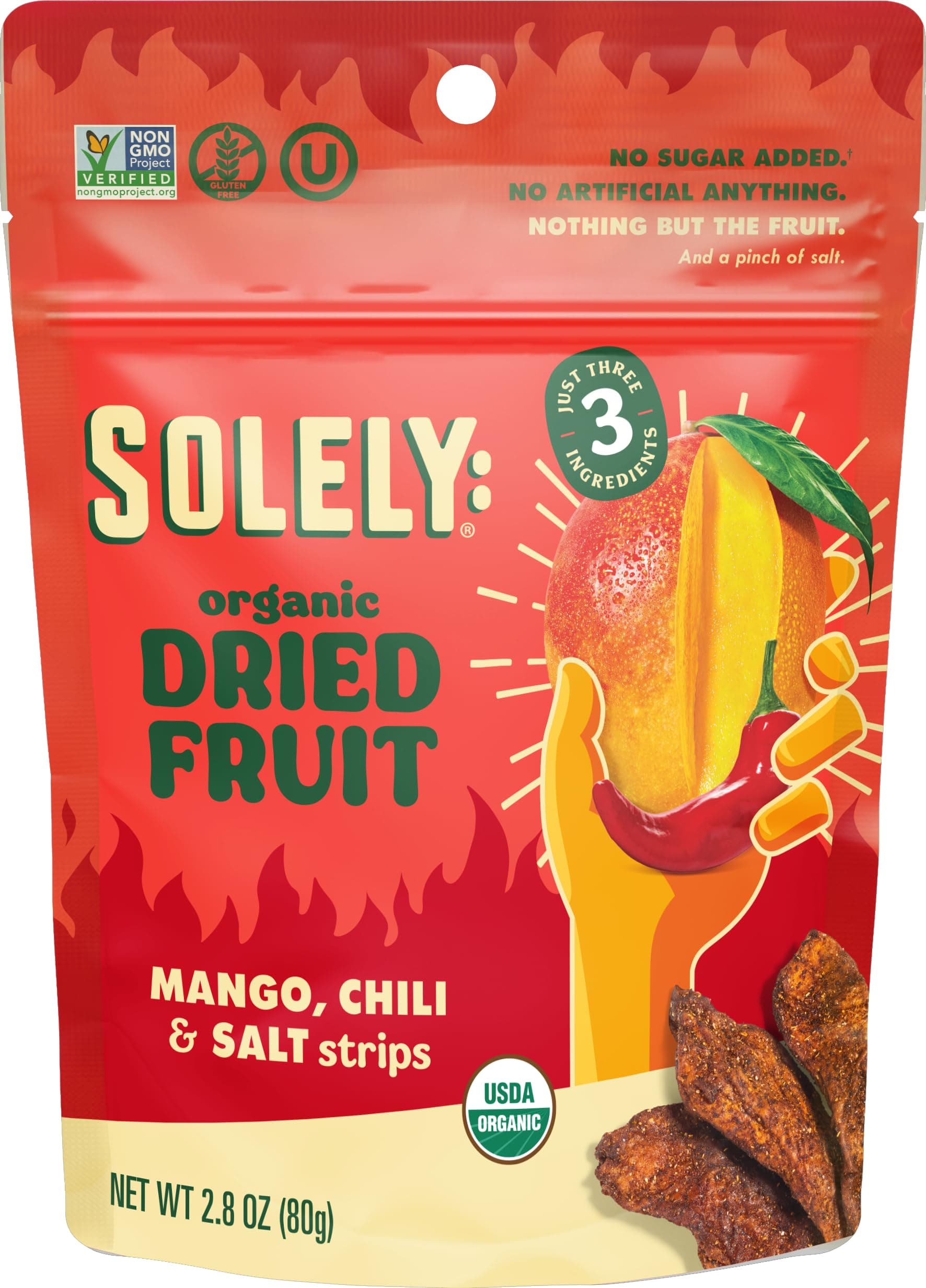 SOLELY - Organic Dried Mango Strips with Chili and Salt (2.8 oz Resealable Bags, Pack of 4) Real Fresh Fruit - Healthy Snacks for Adults & Kids - Non GMO, Vegan Snacks, Shelf Stable - 4 Bags (11.2 oz)