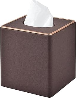 Linen Square Tissue Box Cover,Cube Tissue Box Holder－Excellent Rosegold Leather Decoration,Table Napkin Case Dispenser,Facial Tissues Organizer with Magnetic Bottom for Home Office Car(Coffee)