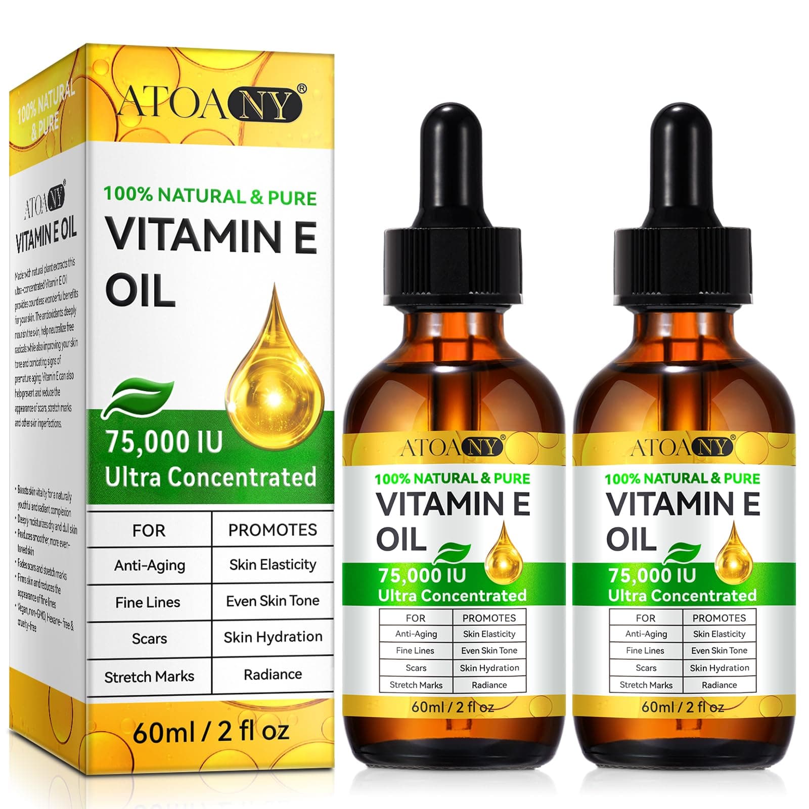 Organic Vitamin E Oil for Cosmetics 75,000 IU Pack of 2 - 100% Pure Vitamin E Oil for Skin, Face, Hair, Body - Natural Antioxidant Against Dryness, Wrinkles, Scars and Stretch Marks